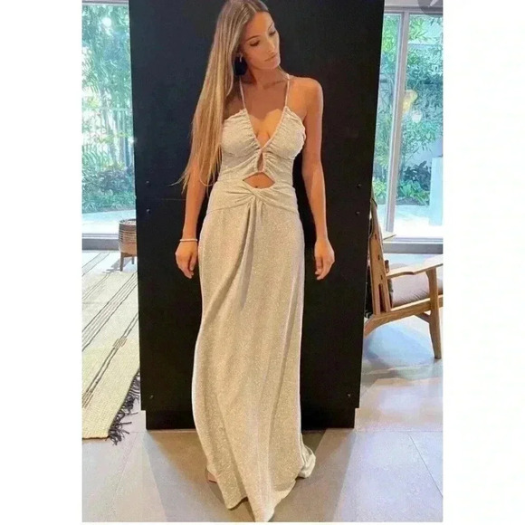 PATBO Cut-Out Lurex Maxi Dress 8 NWT Silver Sparkle Gown Shimmering Strappy $695 - Picture 2 of 14